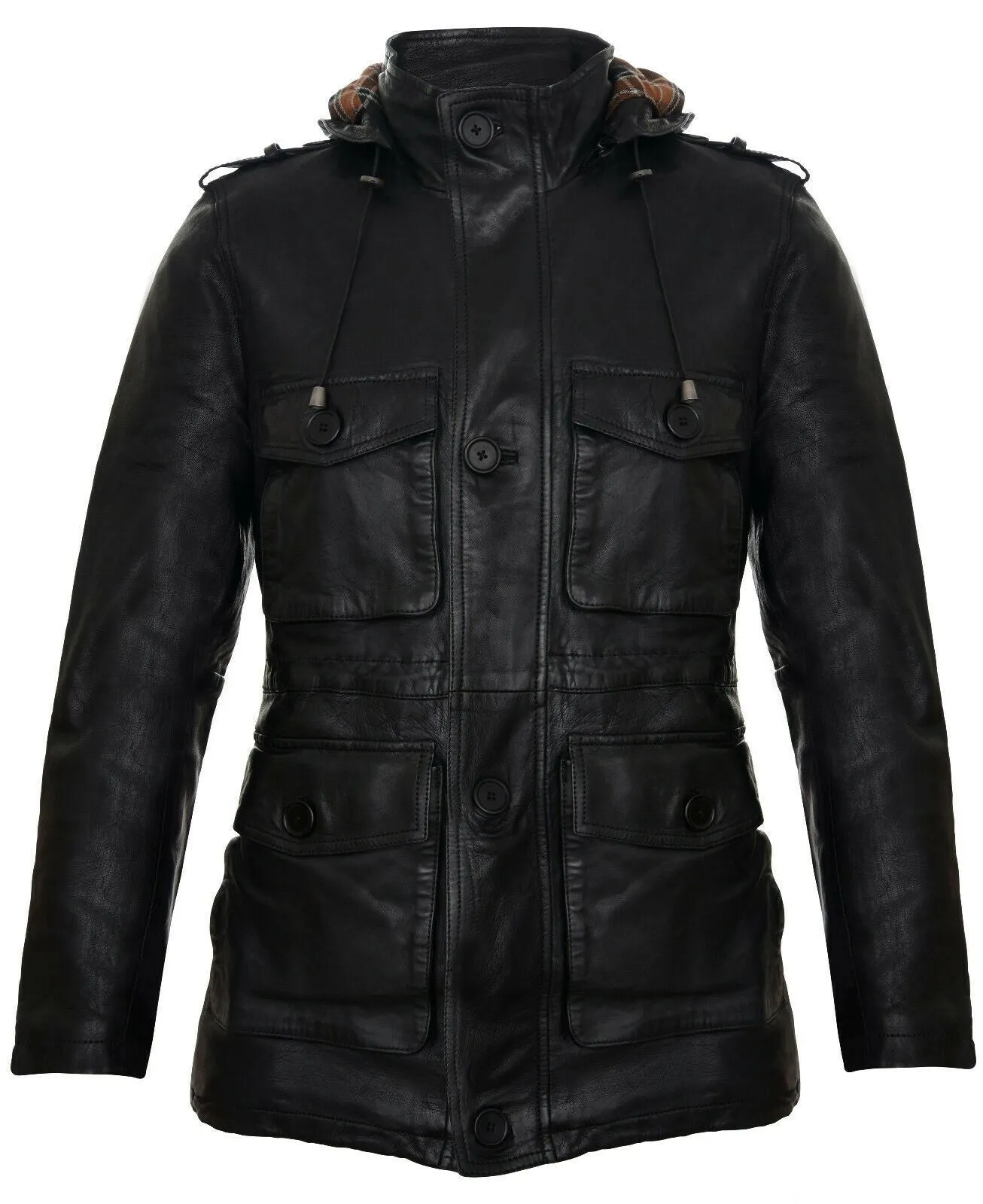 Mens Hooded Trench Multi-Pocket Overcoat Leather Jacket