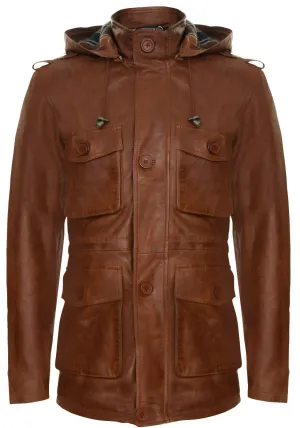 Mens Hooded Trench Multi-Pocket Overcoat Leather Jacket