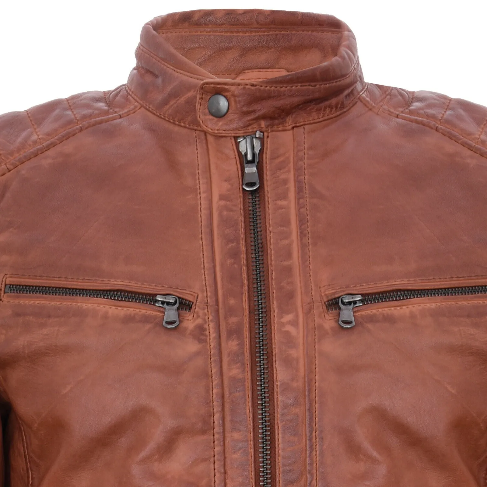 Mens Leather Jacket Vintage Quilted Retro Racing Zipped Biker - San Marino