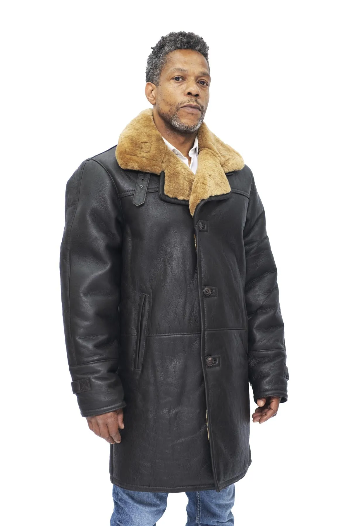 Mens Warm Shearling Sheepskin Crombie Coat-Leiston