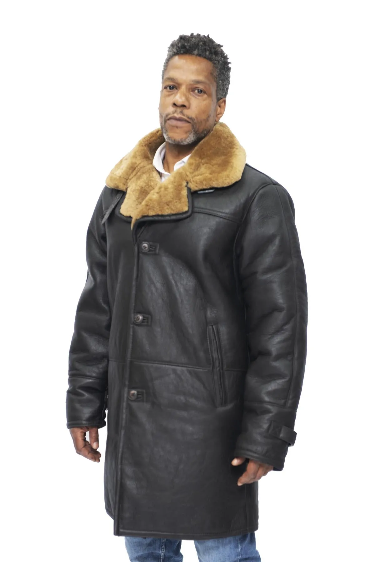 Mens Warm Shearling Sheepskin Crombie Coat-Leiston