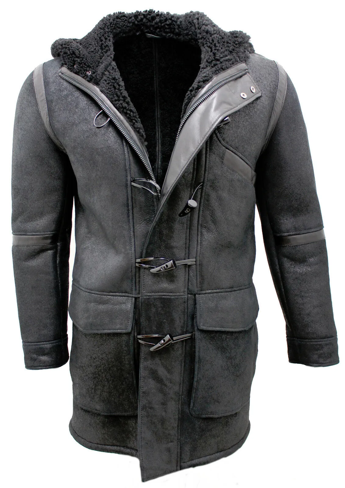 Mens Winter Sheepskin Leather Hooded Duffle Coat-Montpellier