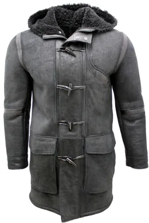 Mens Winter Sheepskin Leather Hooded Duffle Coat-Montpellier