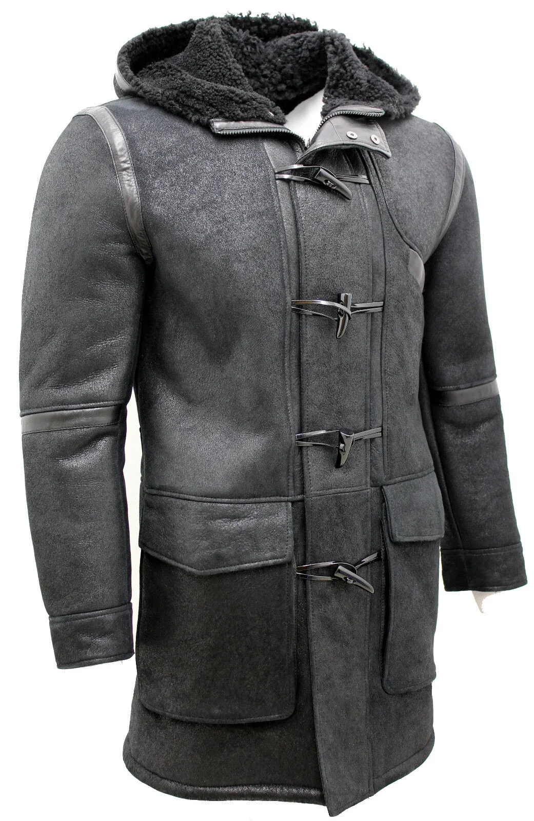 Mens Winter Sheepskin Leather Hooded Duffle Coat-Montpellier