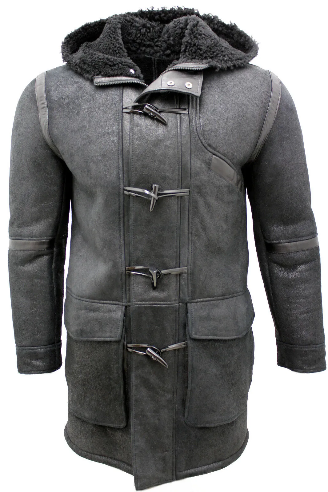 Mens Winter Sheepskin Leather Hooded Duffle Coat-Montpellier
