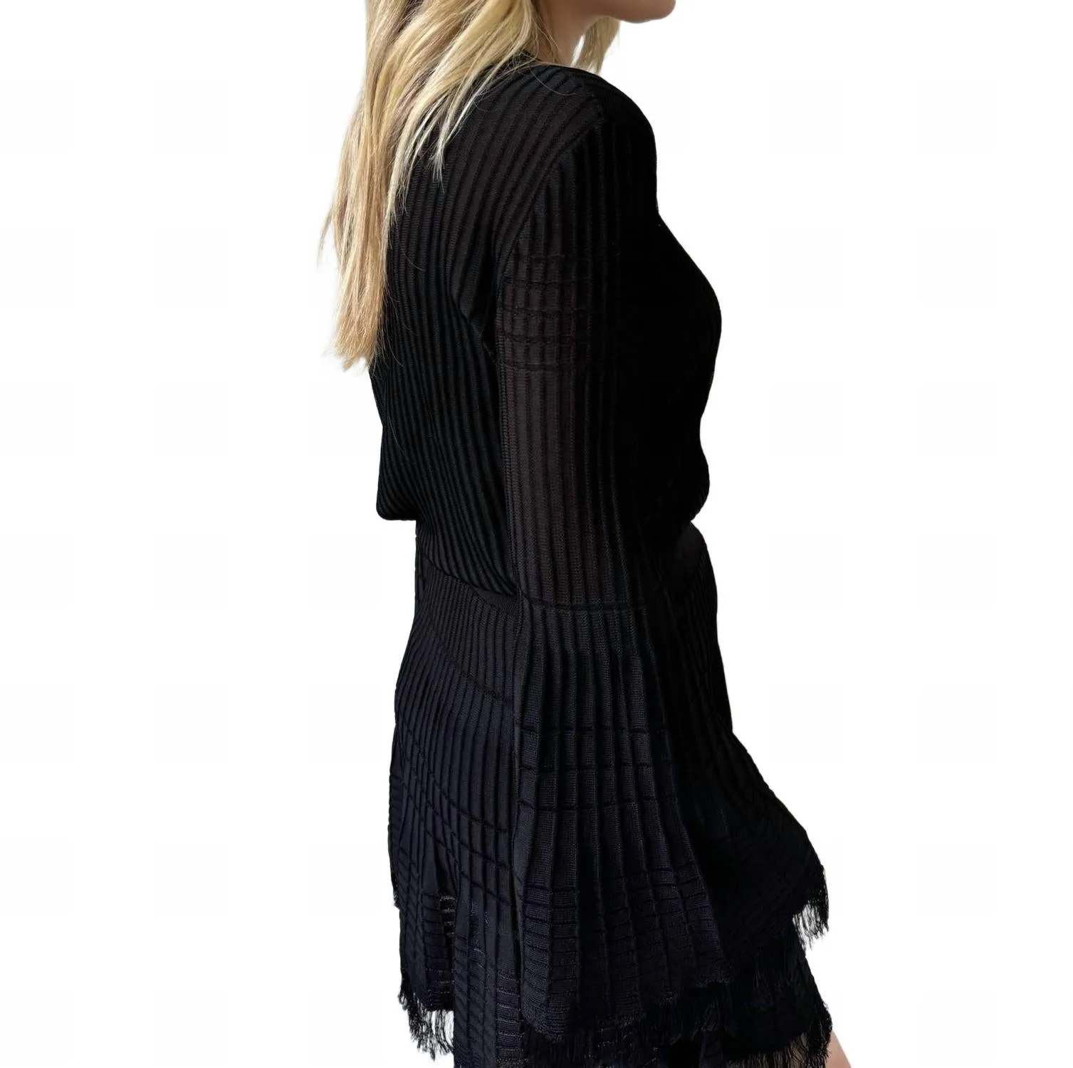 Miley Fringe Long Sleeve Top In Black