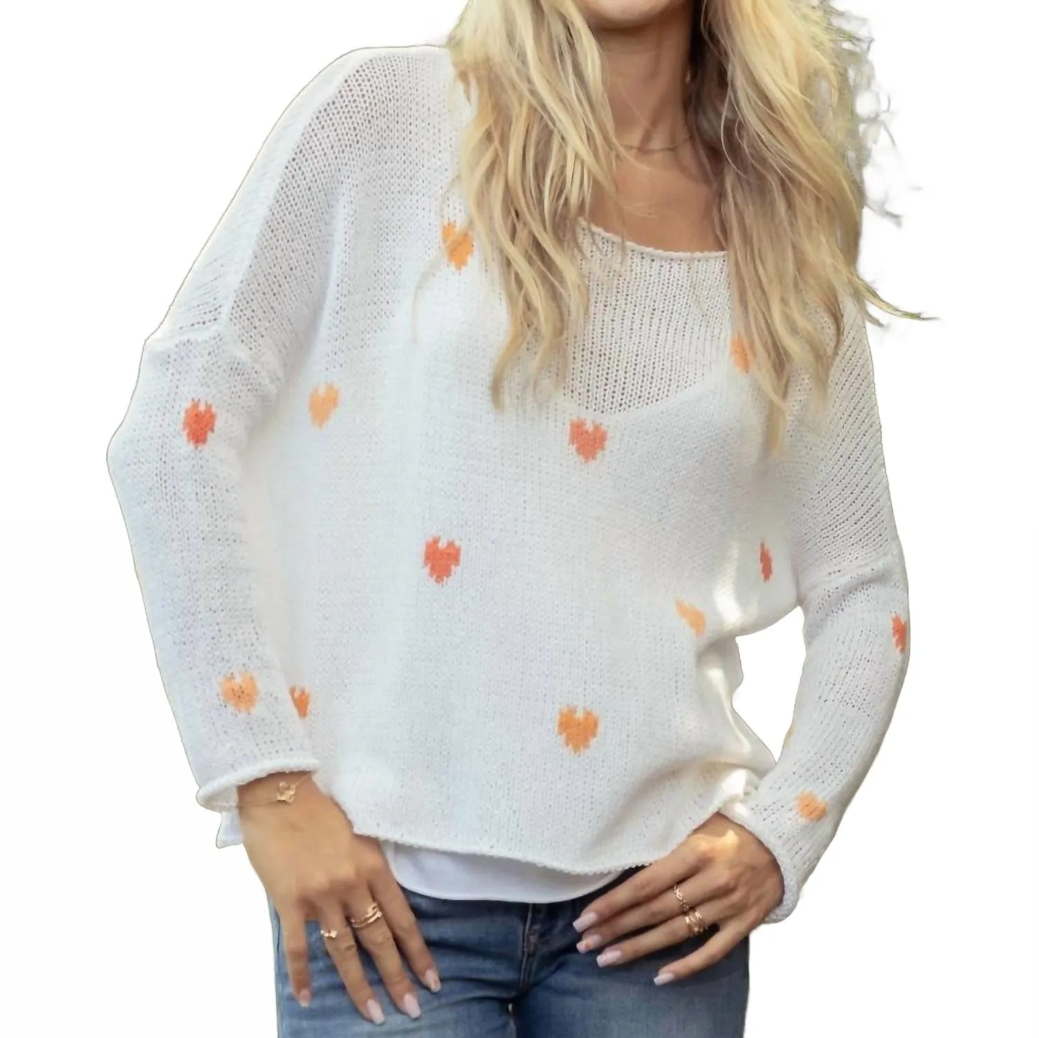 Mini Heart Crew Cotton Sweater In Breaker White