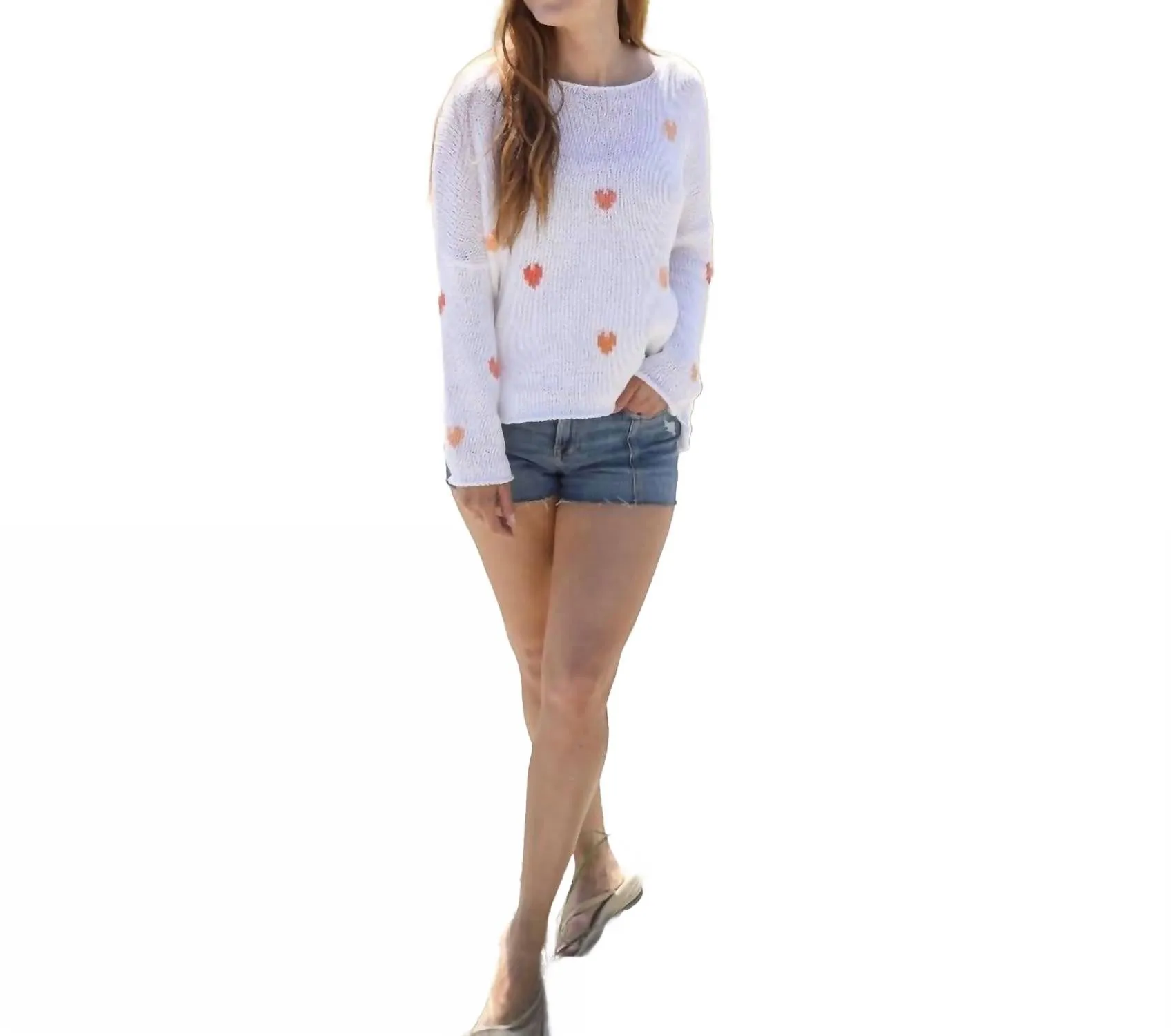Mini Heart Crew Cotton Sweater In Breaker White