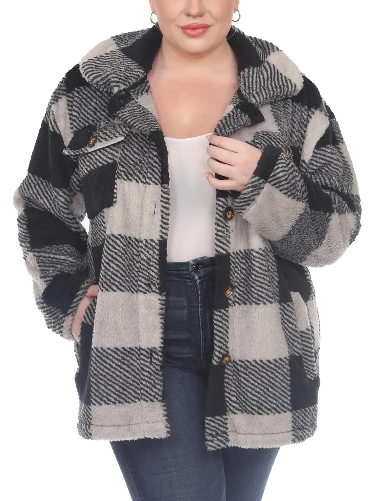 Plus Womens Faux Fur Plaid Faux Fur Coat