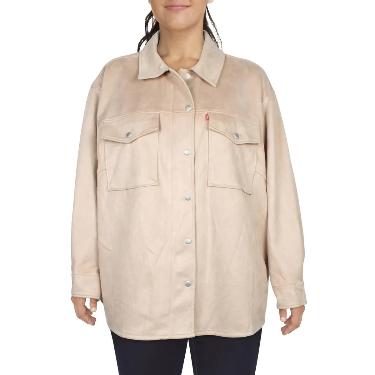 Plus Womens Faux Suede Collared Shirt Jacket