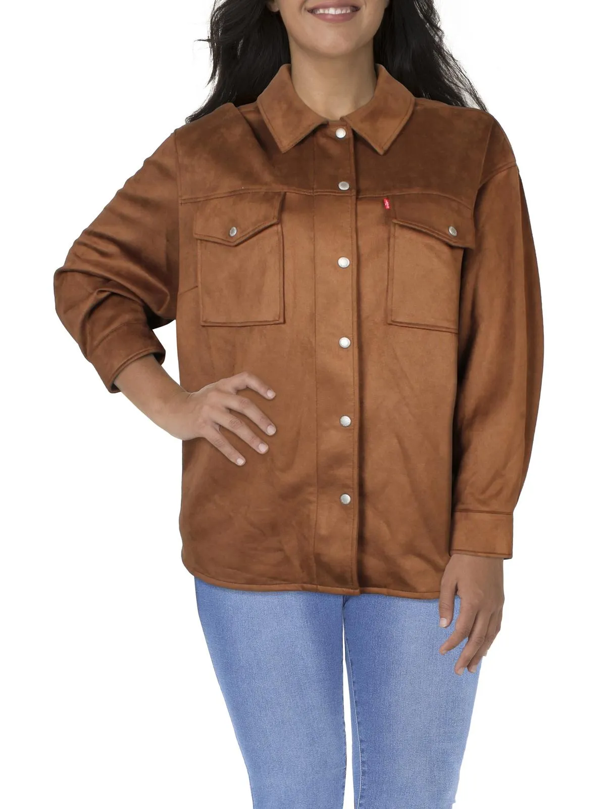 Plus Womens Faux Suede Collared Shirt Jacket