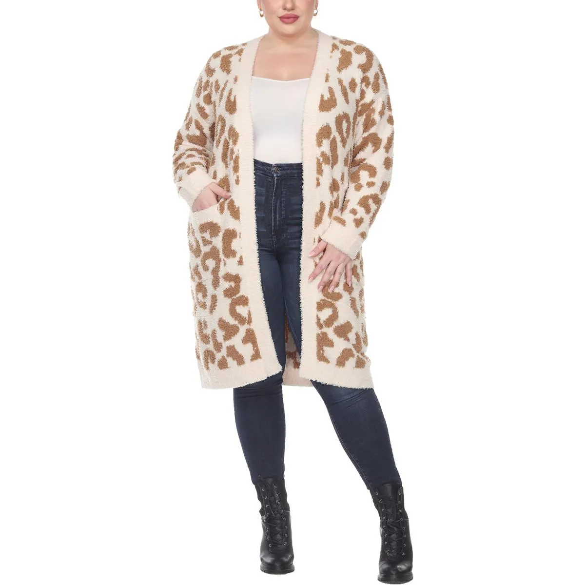 Plus Womens Knit Leopard Cardigan Sweater
