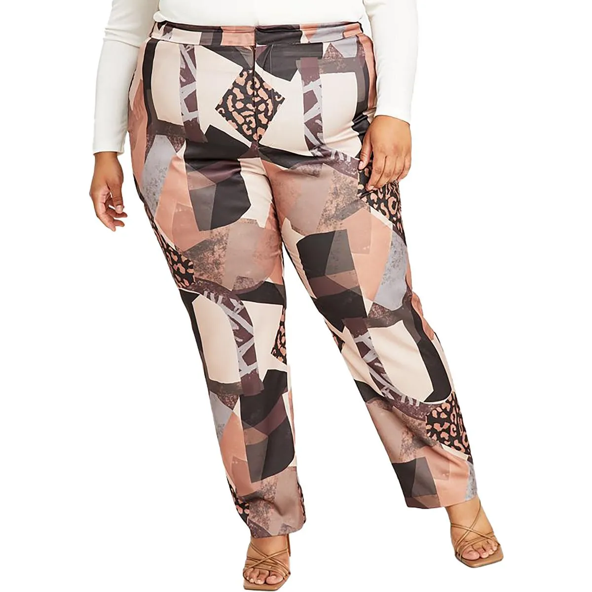Plus Womens Satin High Rise Straight Leg Pants