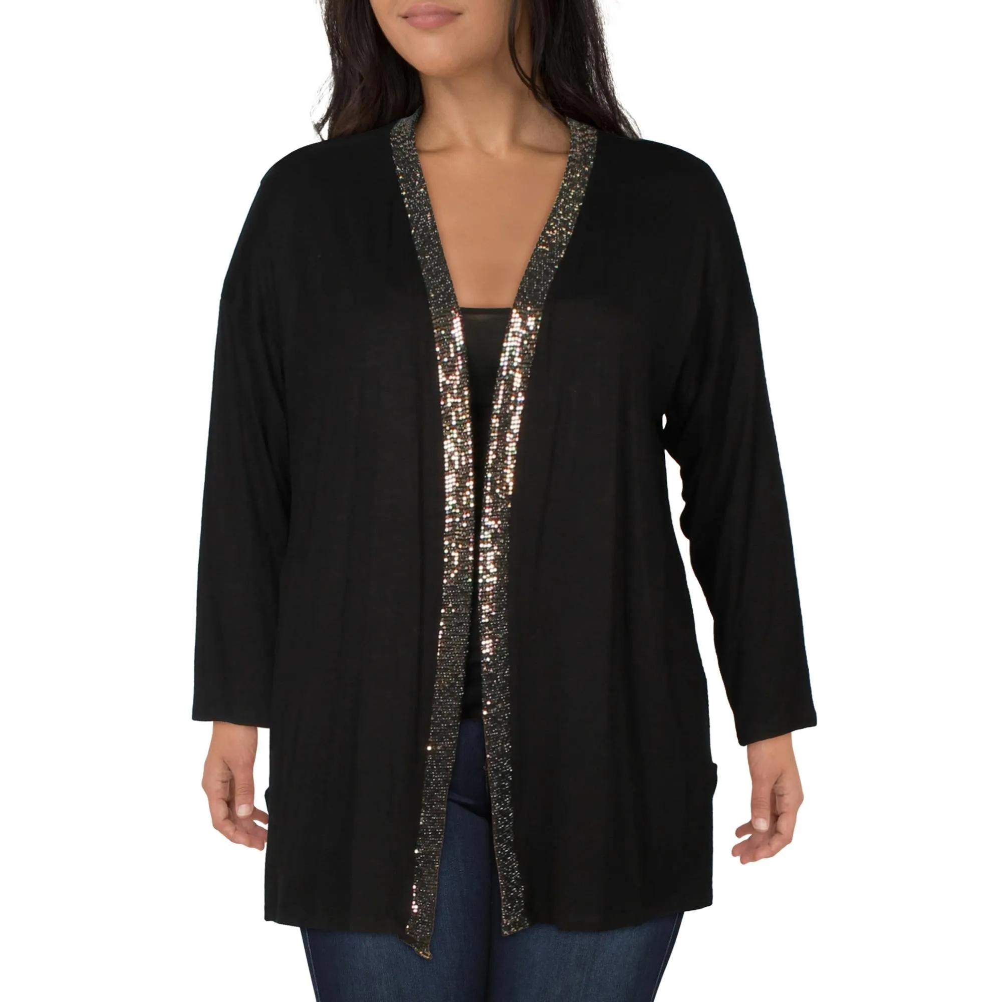 Plus Womens Sequined Open Front Cardigan Sweater