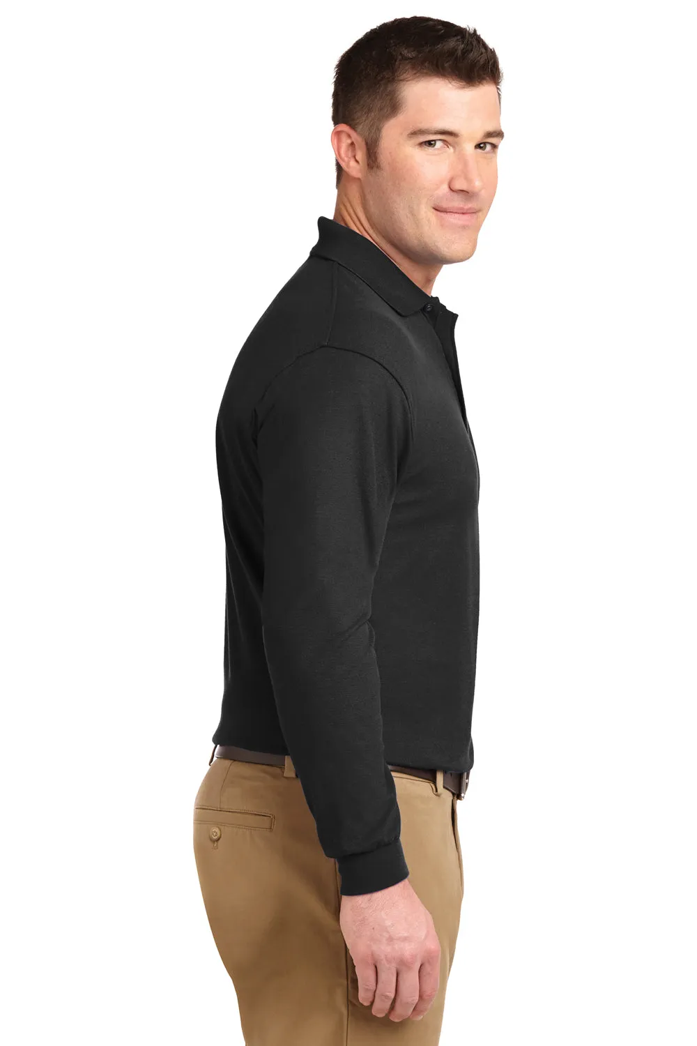 Port Authority Mens Silk Touch Wrinkle Resistant Long Sleeve Polo Shirt - Black