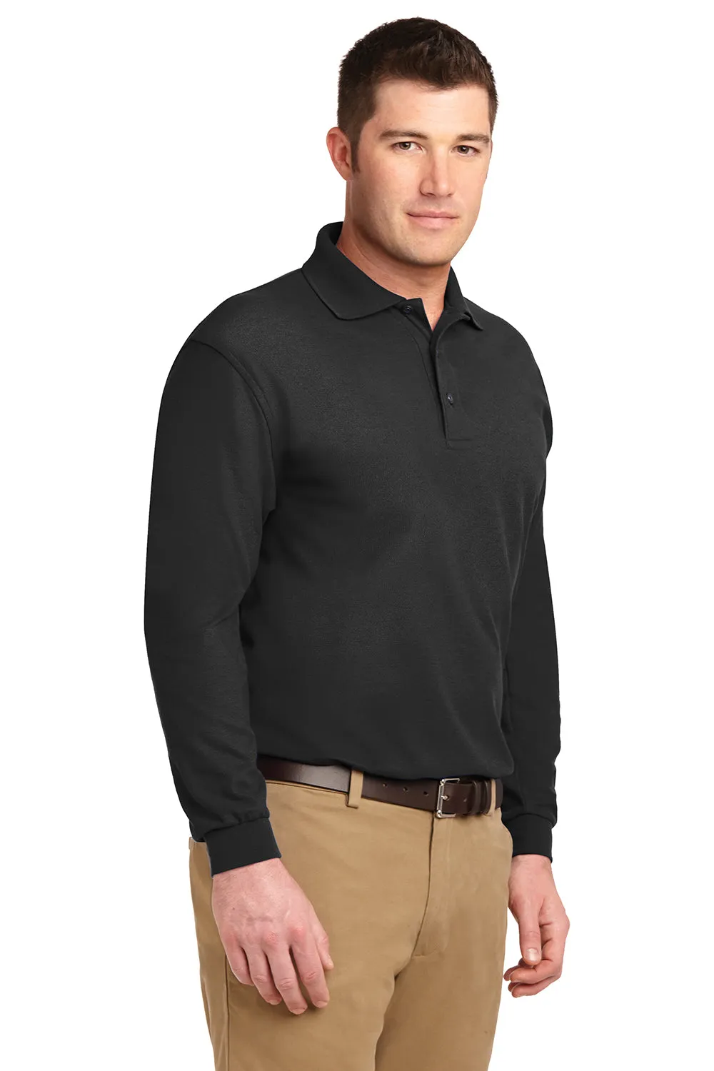 Port Authority Mens Silk Touch Wrinkle Resistant Long Sleeve Polo Shirt - Black