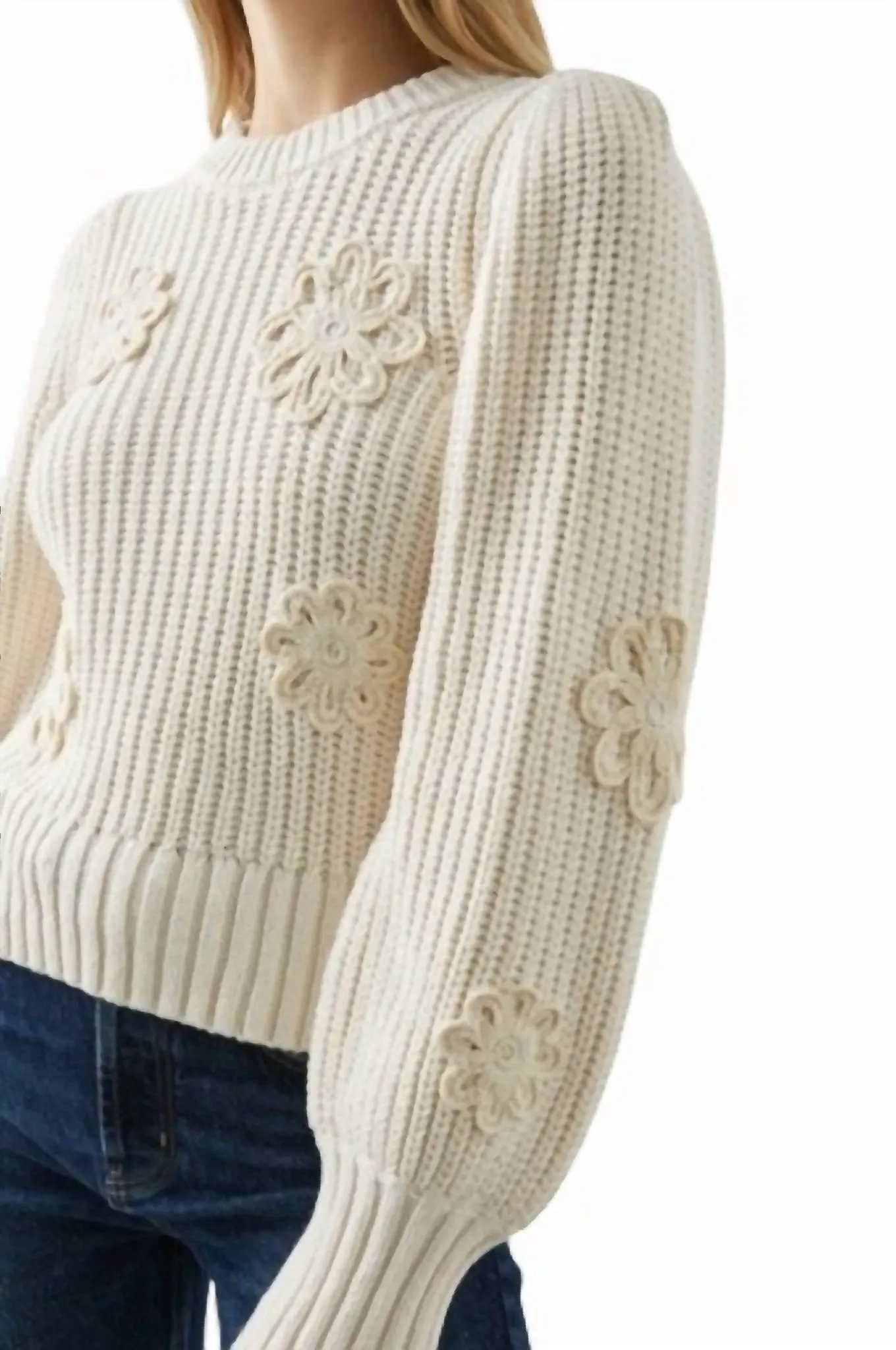 Romy Sweater In Ivory Crochet Daisies
