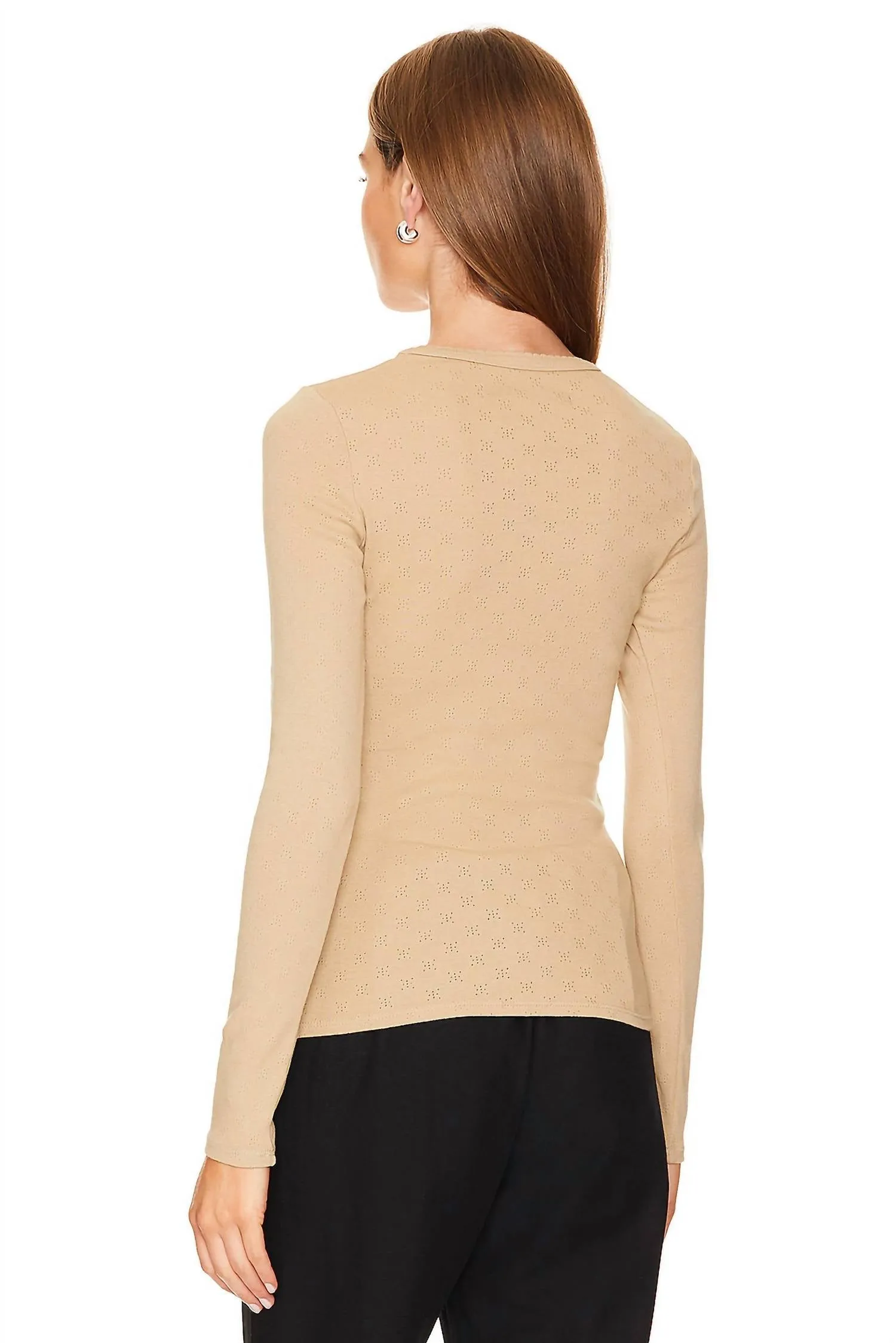 Scallop Edge Pointelle Long Sleeve Crew Top In Tan