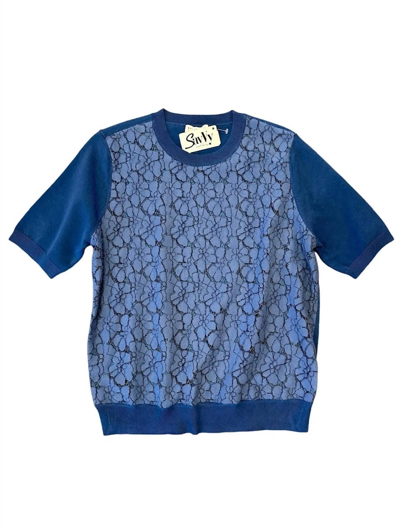 Short Sleeve Lace Overlay Sweater In Blue