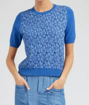 Short Sleeve Lace Overlay Sweater In Blue