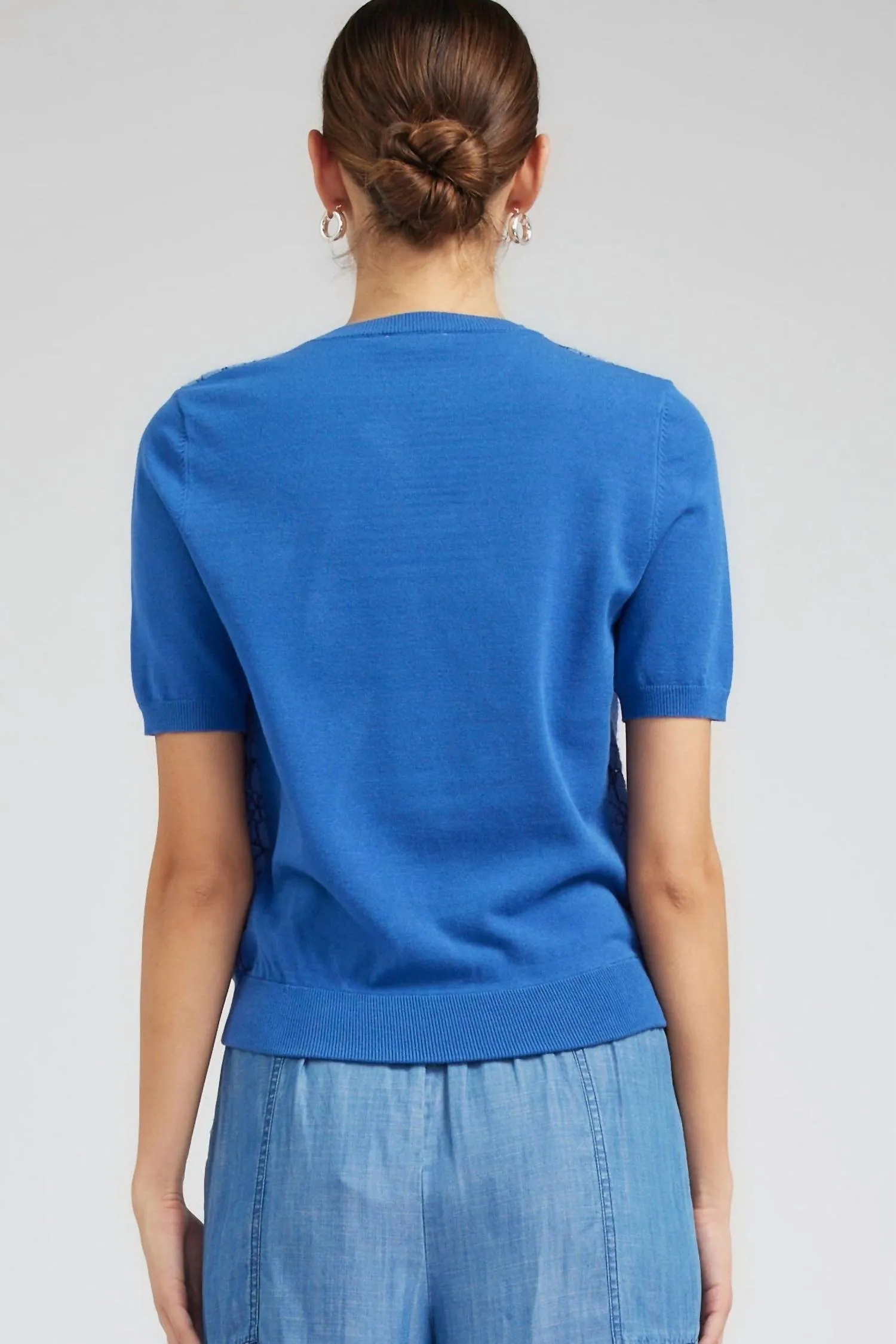 Short Sleeve Lace Overlay Sweater In Blue