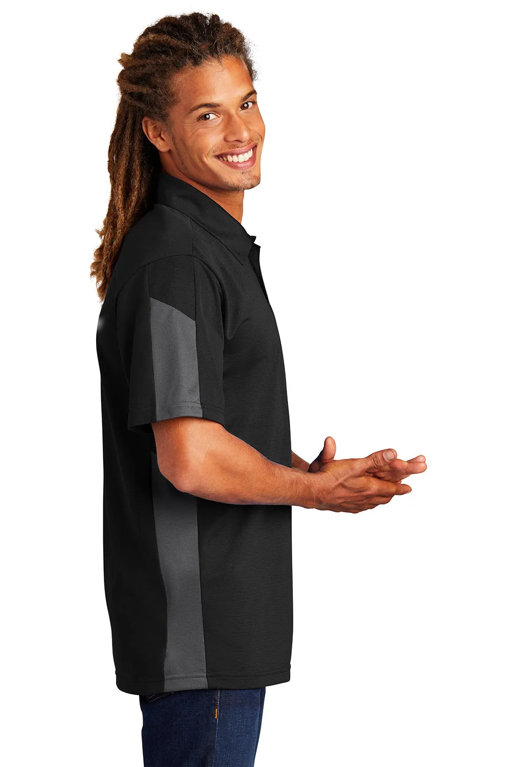 Sport-Tek Mens Active Mesh Moisture Wicking Short Sleeve Polo Shirt - Black/Grey