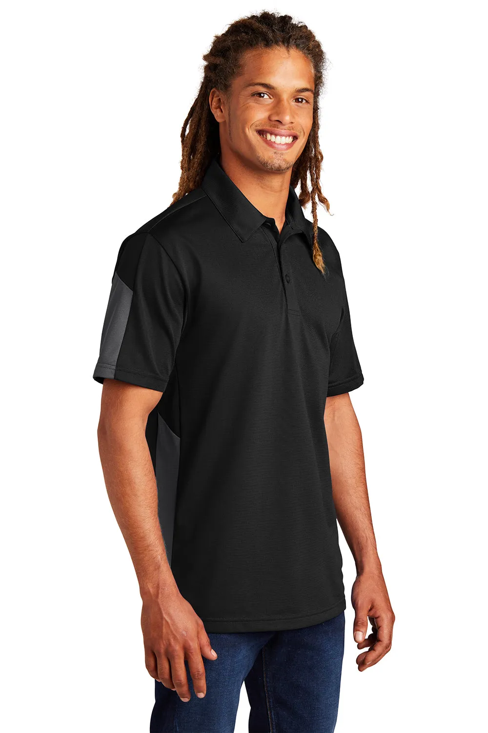 Sport-Tek Mens Active Mesh Moisture Wicking Short Sleeve Polo Shirt - Black/Grey