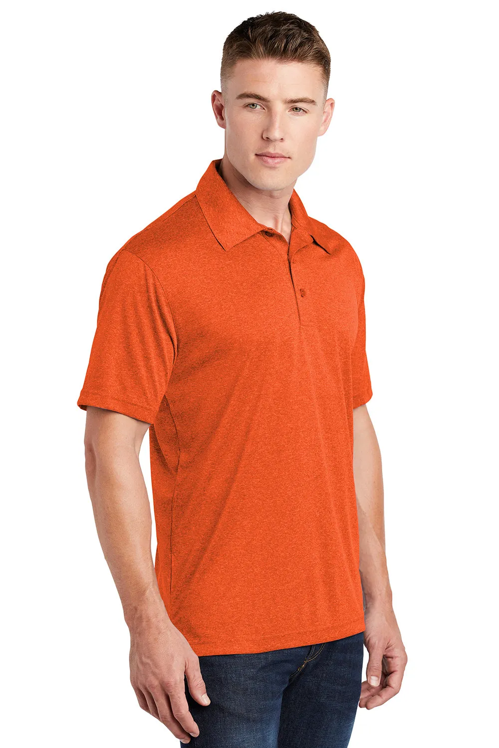 Sport-Tek Mens Heather Contender Moisture Wicking Short Sleeve Polo Shirt - Heather Deep Orange