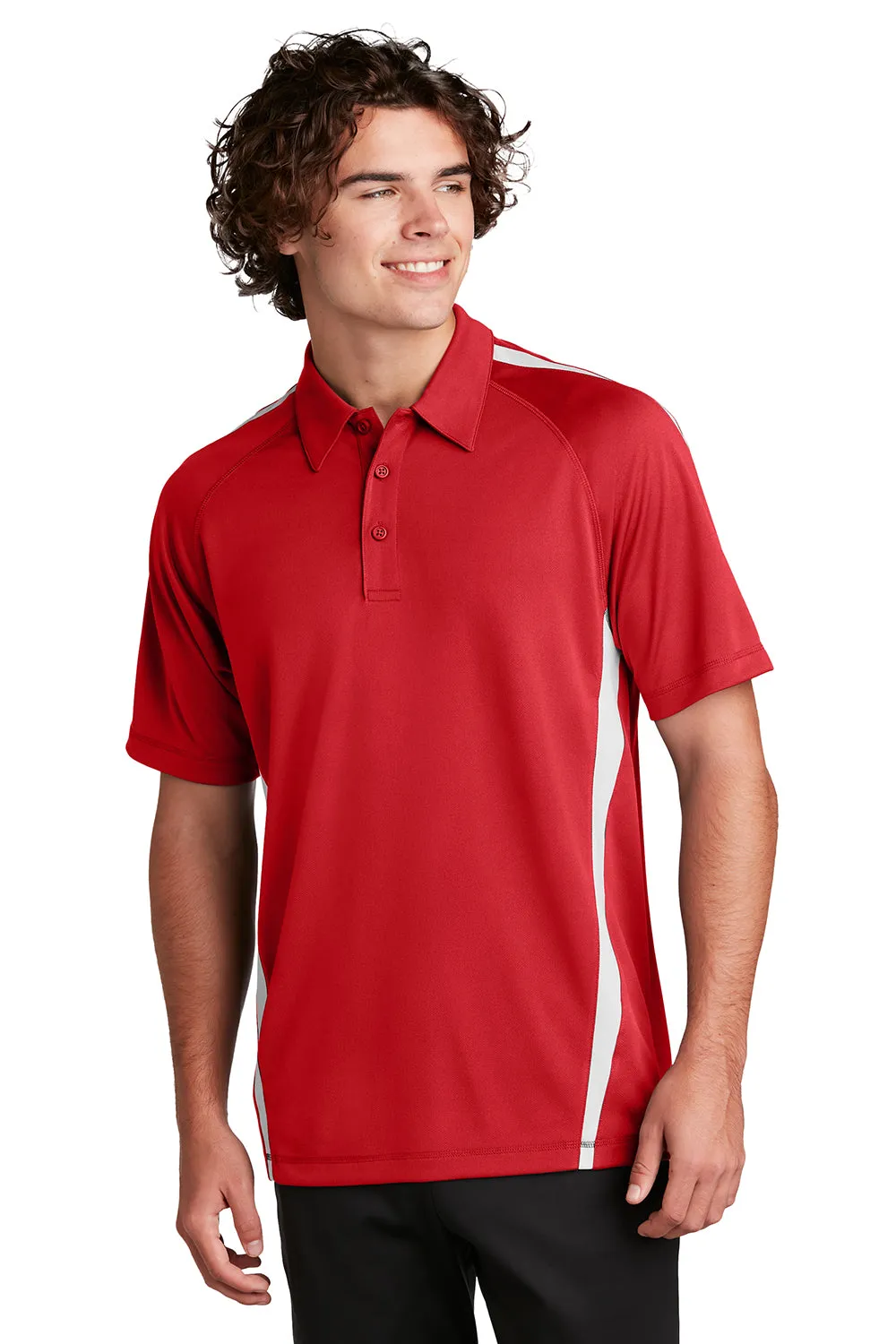 Sport-Tek Mens Micro-Mesh Moisture Wicking Short Sleeve Polo Shirt - True Red/White