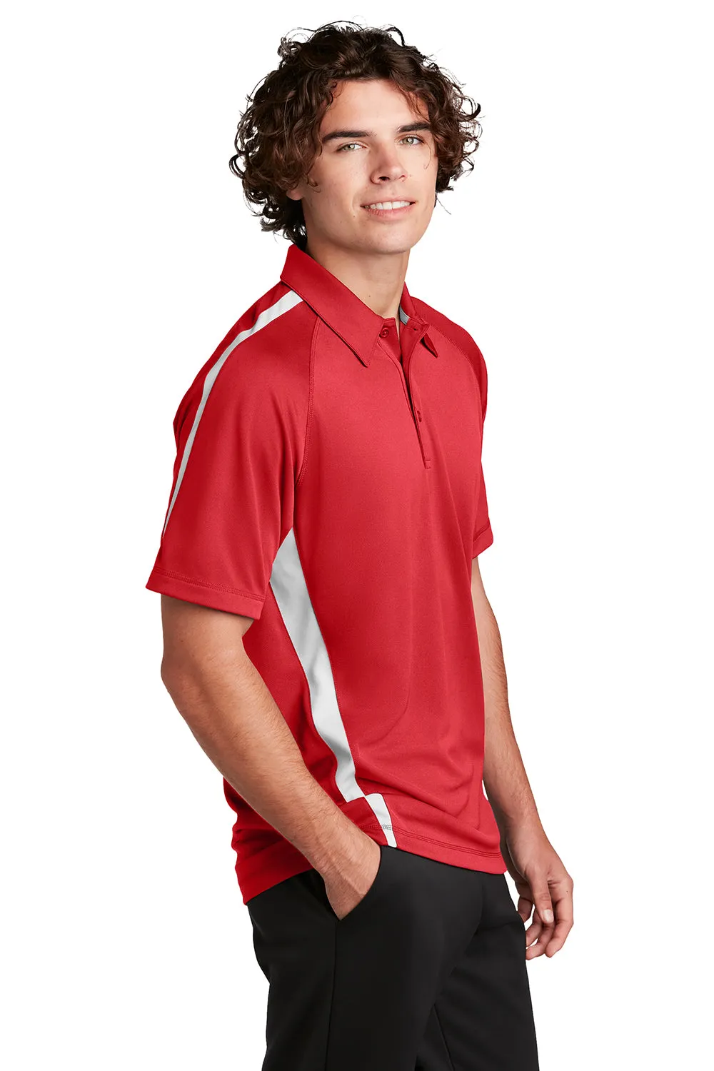 Sport-Tek Mens Micro-Mesh Moisture Wicking Short Sleeve Polo Shirt - True Red/White
