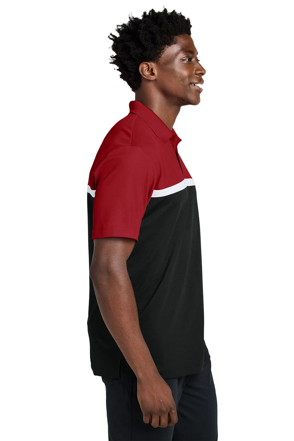 Sport-Tek Mens UV Micropique Colorblock Moisture Wicking Short Sleeve Polo Shirt - Deep Red/Black/White