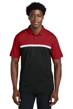 Sport-Tek Mens UV Micropique Colorblock Moisture Wicking Short Sleeve Polo Shirt - Deep Red/Black/White