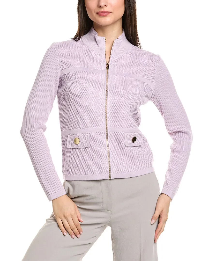 St. John Stretch Micro Pique Knit Collared Zip-Up