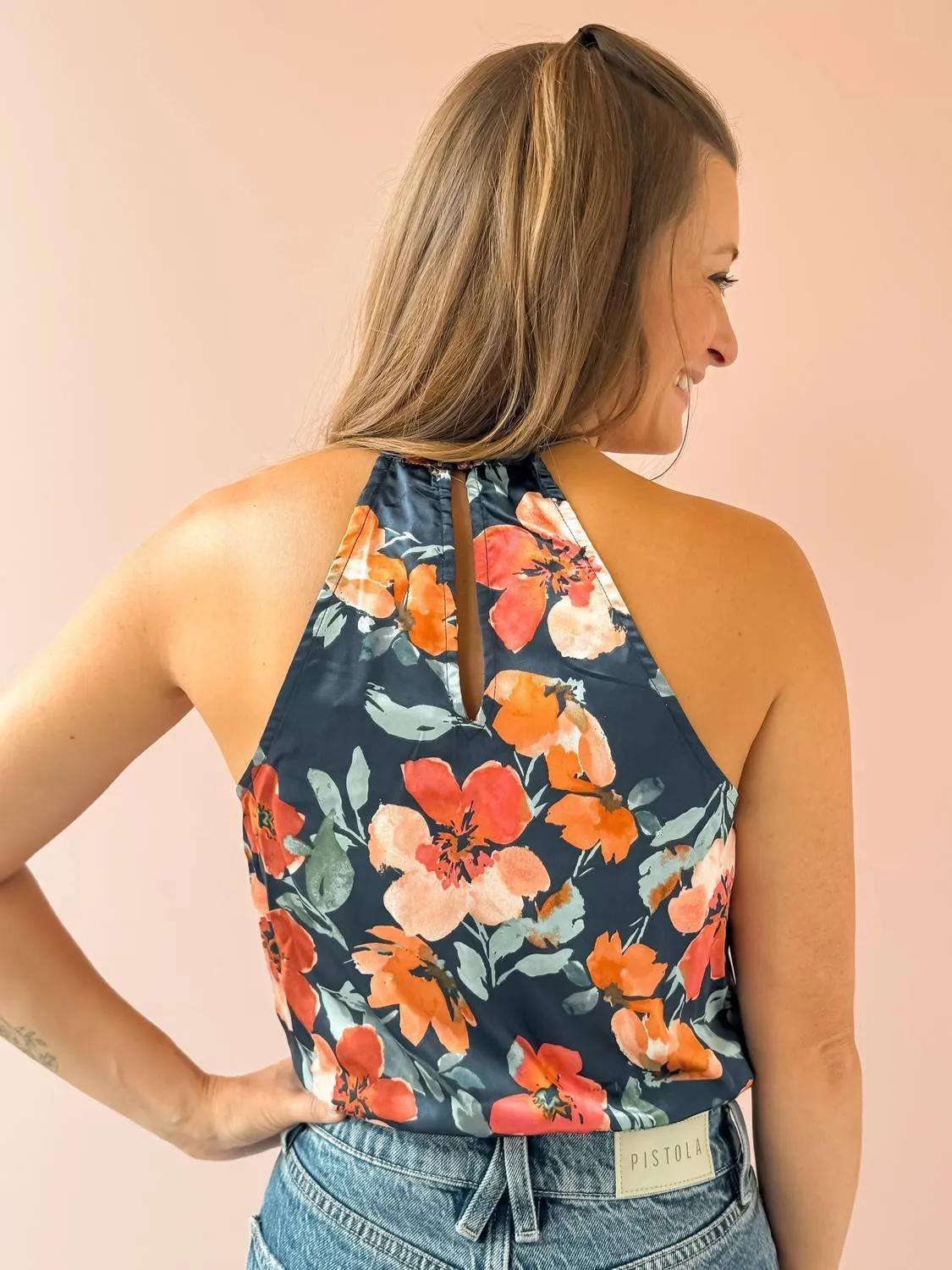 Style Icon Sleeveless Bodysuit In Navy Floral Print