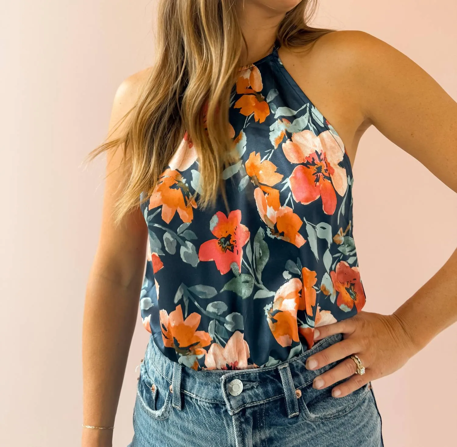 Style Icon Sleeveless Bodysuit In Navy Floral Print