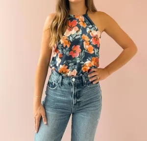 Style Icon Sleeveless Bodysuit In Navy Floral Print