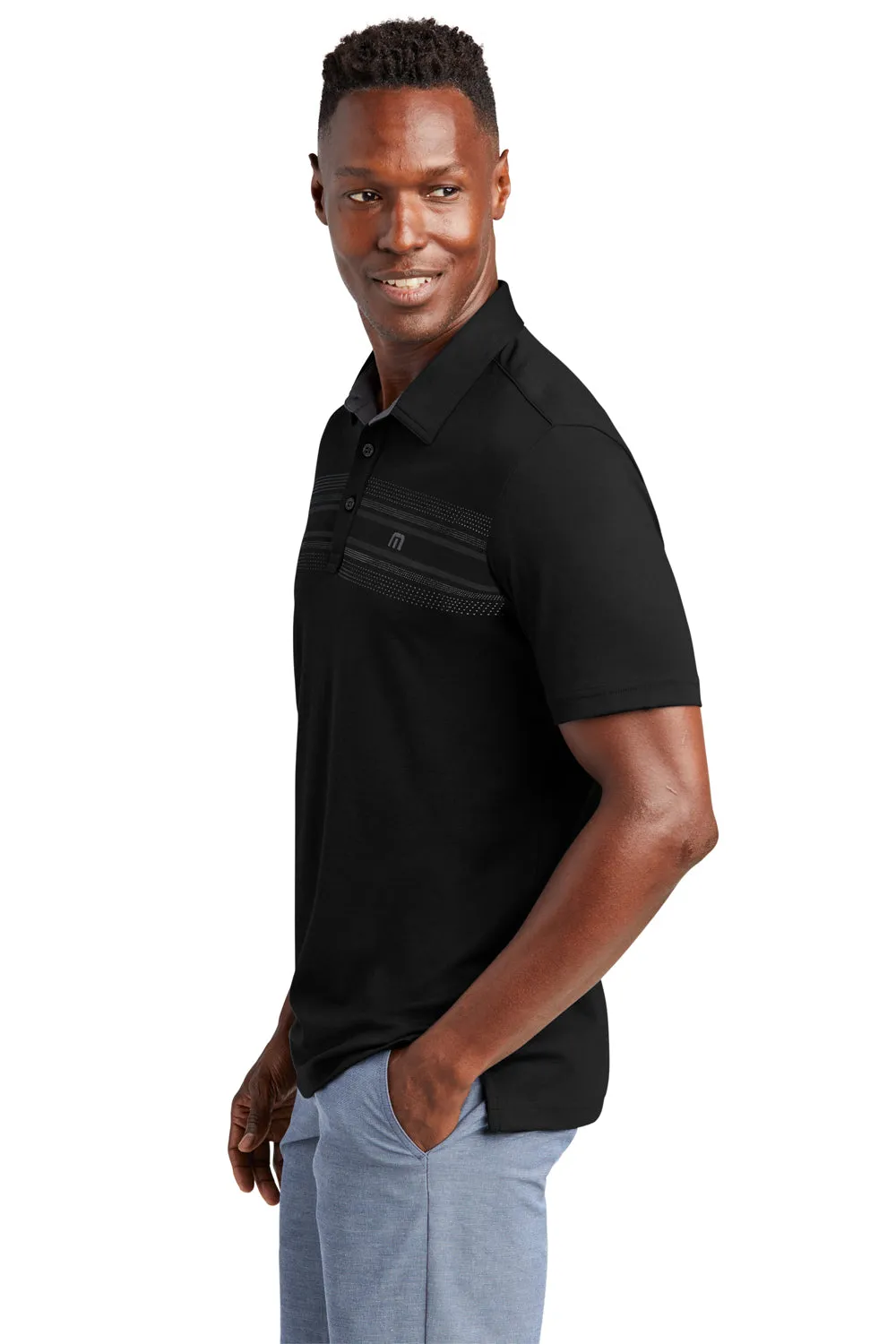 TravisMathew Mens Monterey Wrinkle Resistant Chest Stripe Short Sleeve Polo Shirt - Black
