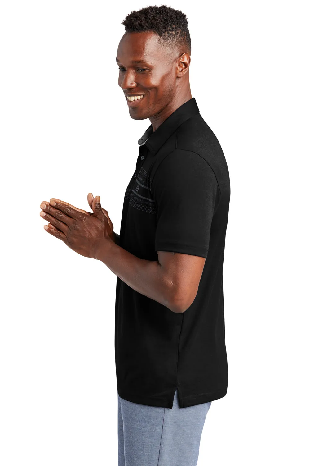 TravisMathew Mens Monterey Wrinkle Resistant Chest Stripe Short Sleeve Polo Shirt - Black
