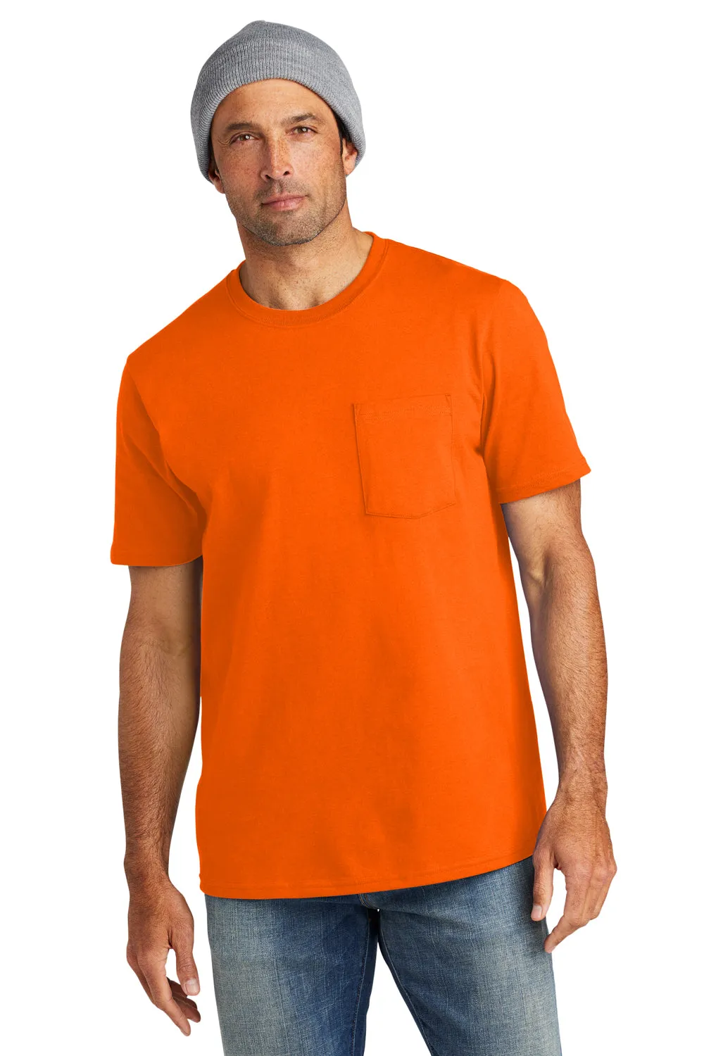 Volunteer Knitwear Mens USA Made All American Short Sleeve Crewneck T-Shirt w/ Pocket - Safety Orange Clothing Volunteer-Knitwear