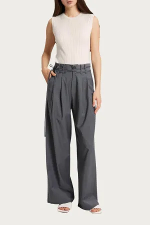 Wide-Leg Belted Wool-Blend Trousers In Smoke