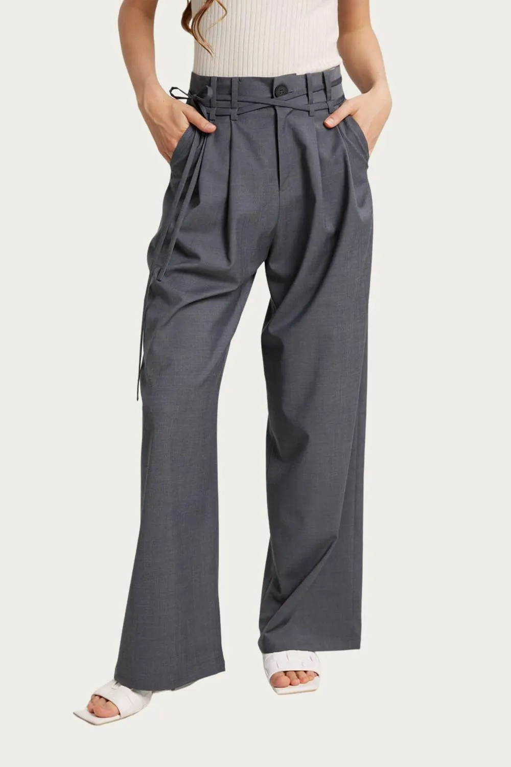 Wide-Leg Belted Wool-Blend Trousers In Smoke
