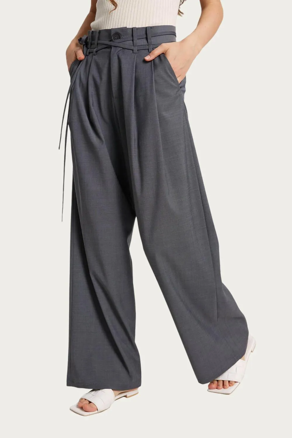 Wide-Leg Belted Wool-Blend Trousers In Smoke