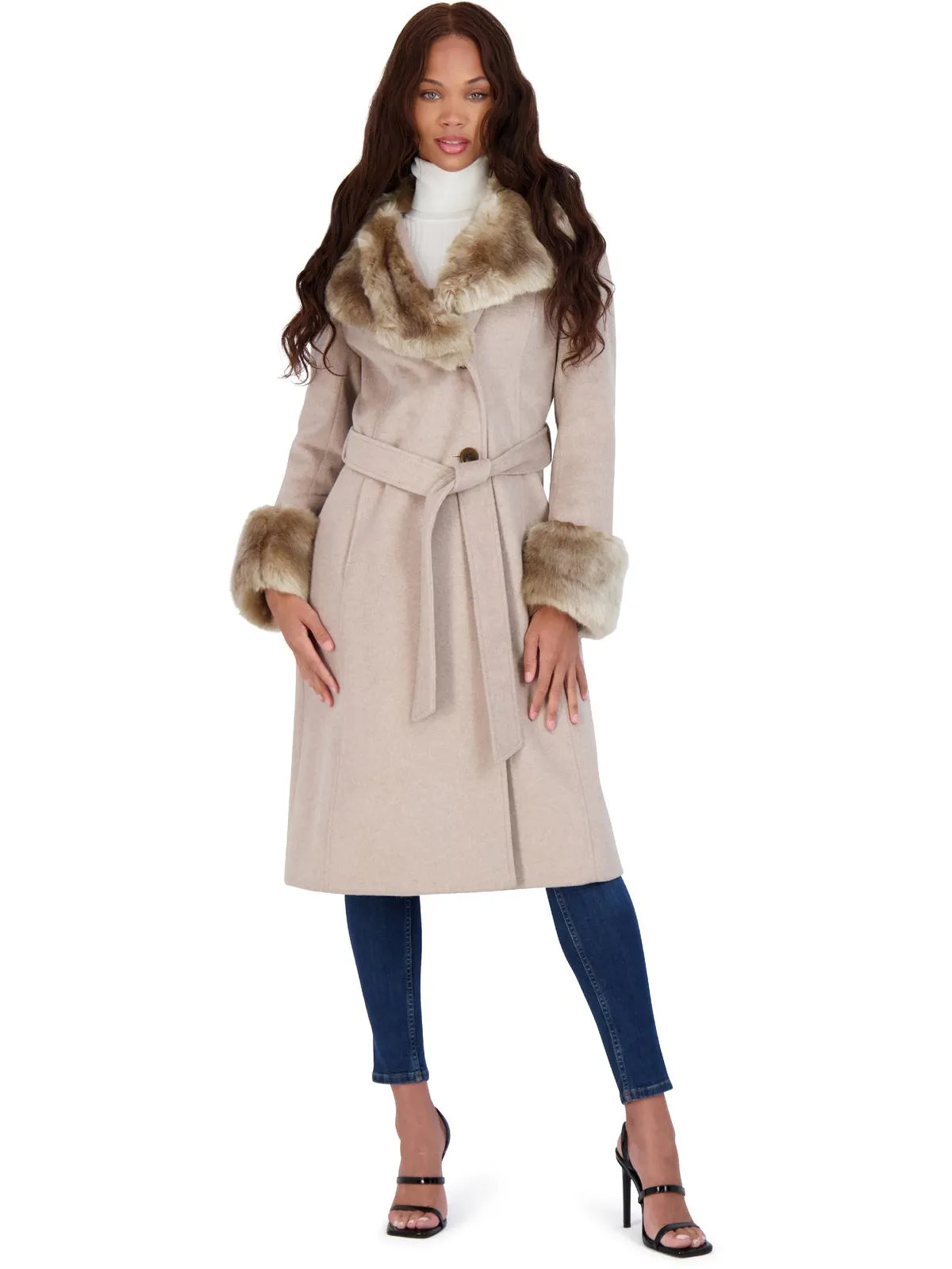 Womens Faux Fur Slimming Wool Coat