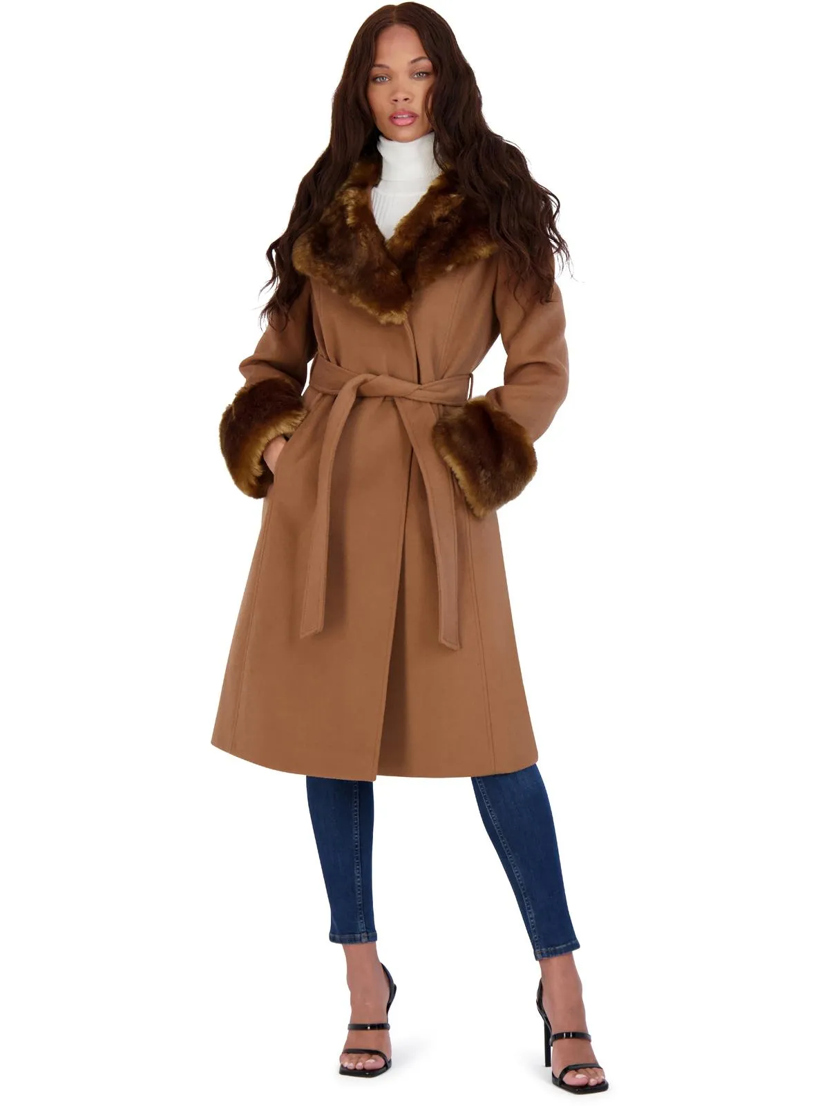 Womens Faux Fur Slimming Wool Coat