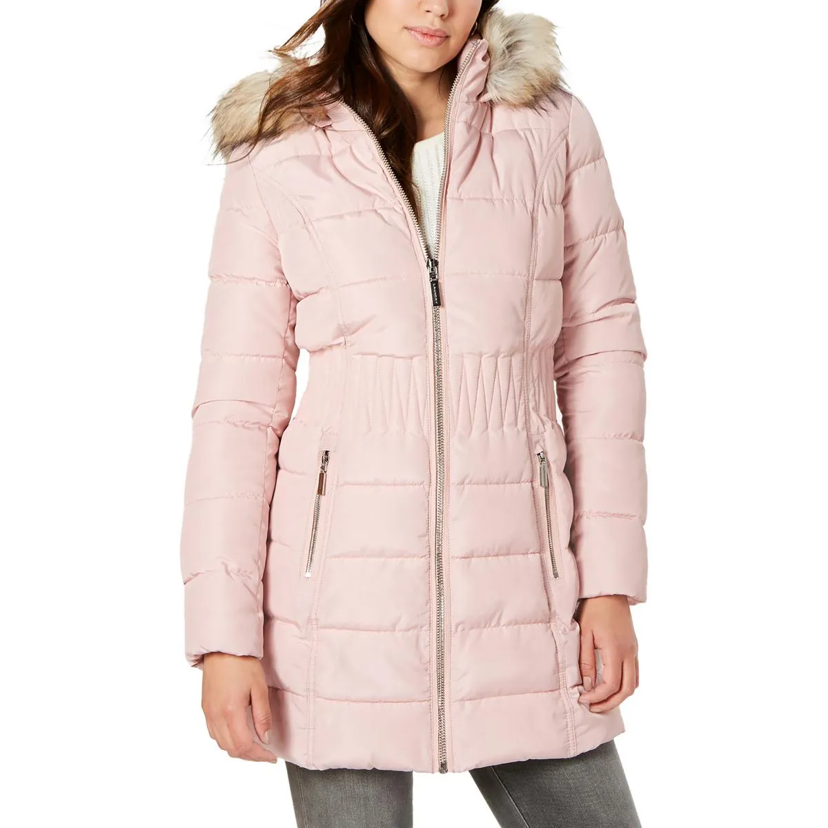 Womens Faux Fur Trim Hooded Puffer Jacket