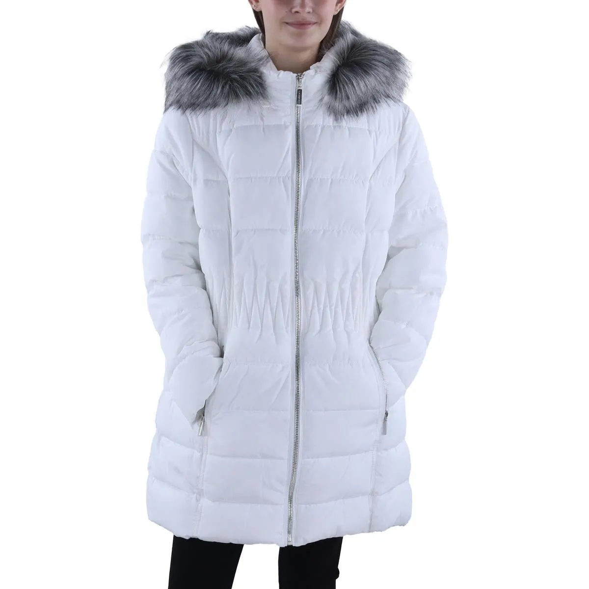 Womens Faux Fur Trim Hooded Puffer Jacket