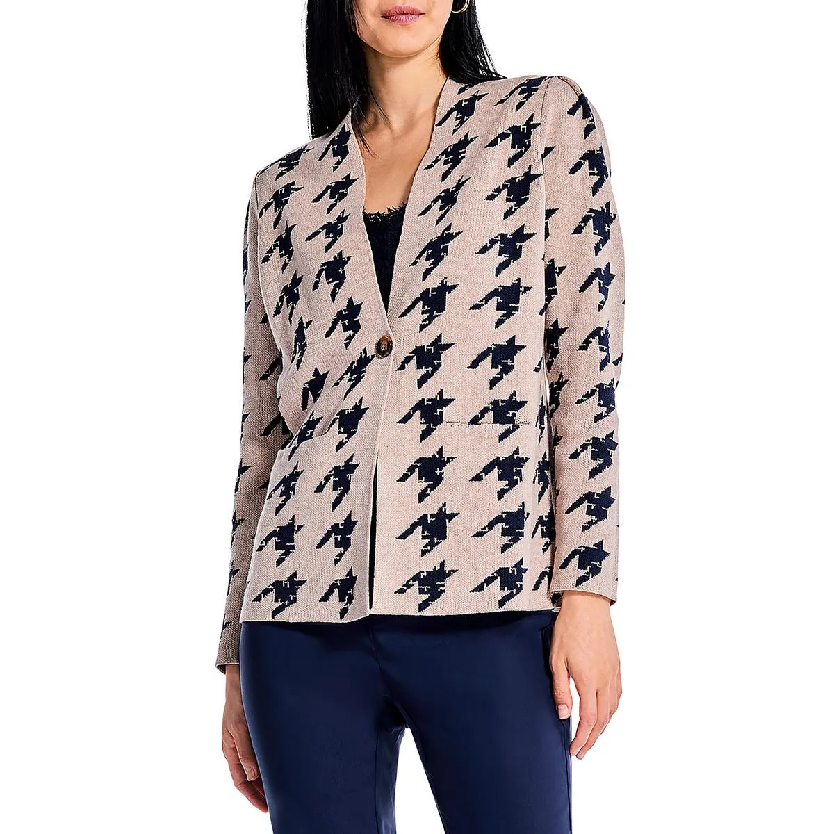 Womens Houndstooth One Button Cardigan Sweater