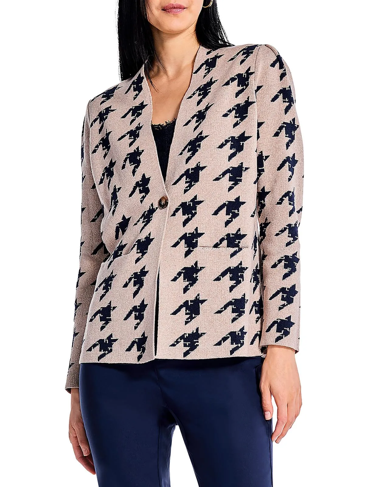 Womens Houndstooth One Button Cardigan Sweater