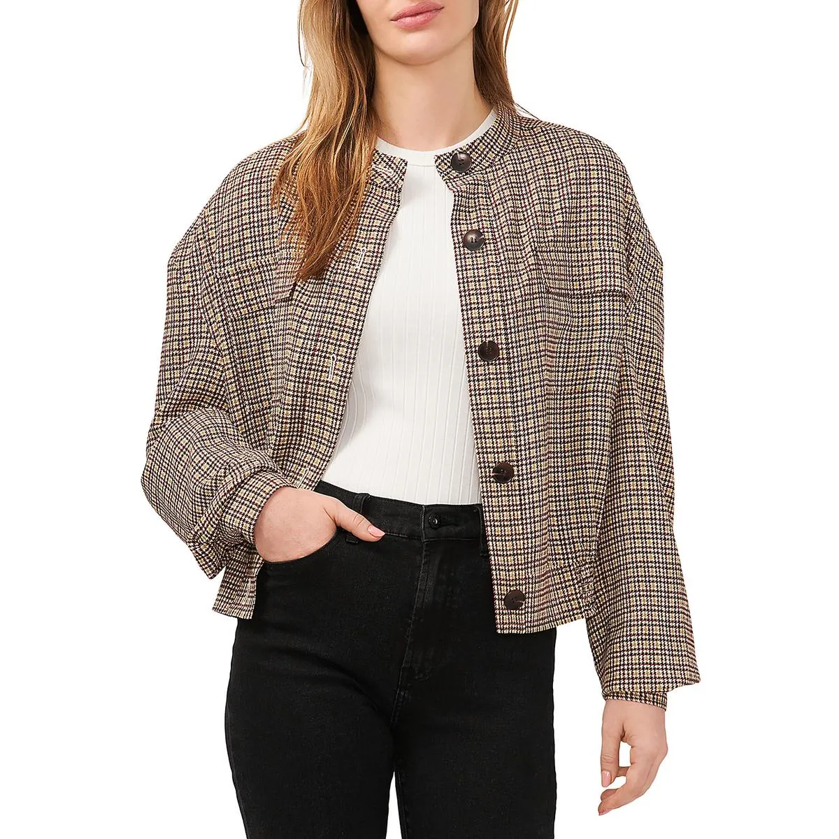 Womens Houndstooth Pleated Bomber Jacket