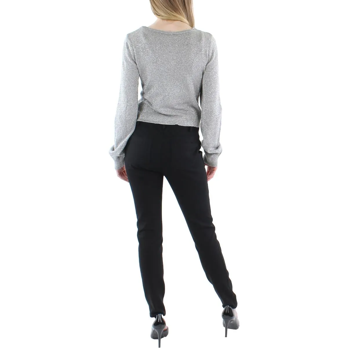 Womens Metallic Ribbed Trim Cardigan Sweater